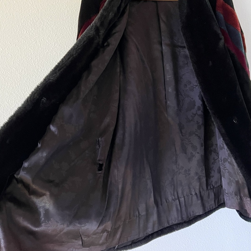 Vintage 80s Black Faux Fur Teddy Coat Colorblock Stripe Size Medium - Picture 7 of 12